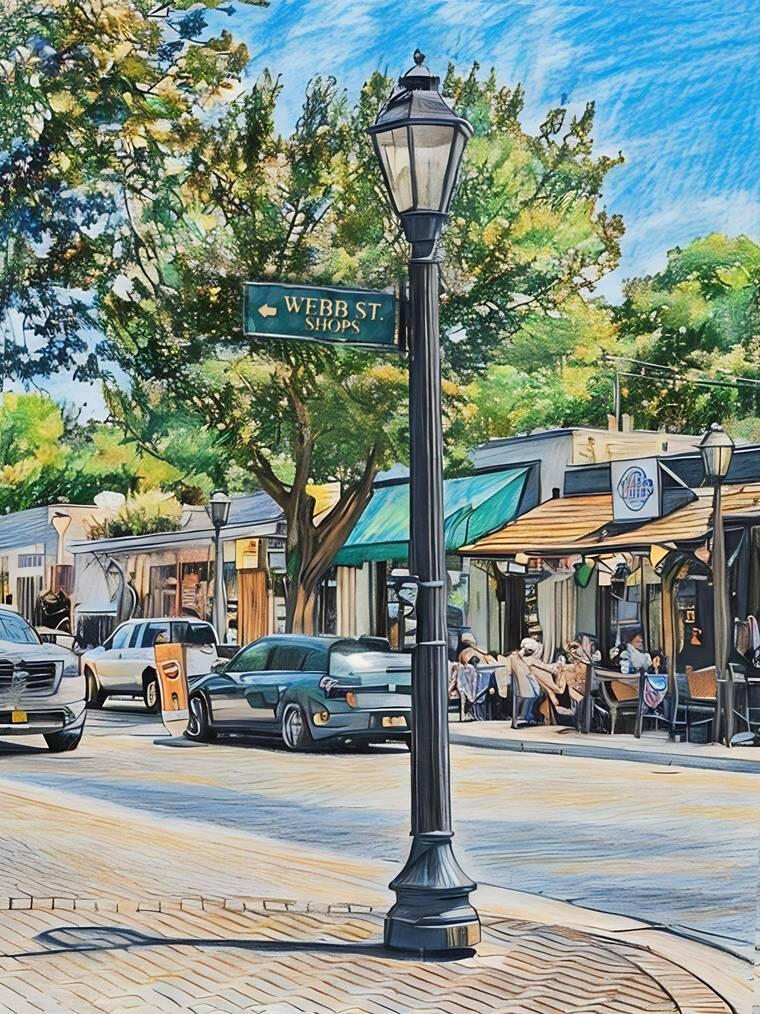 Vintage lamp post and Webb Street sign in Downtown Roswell