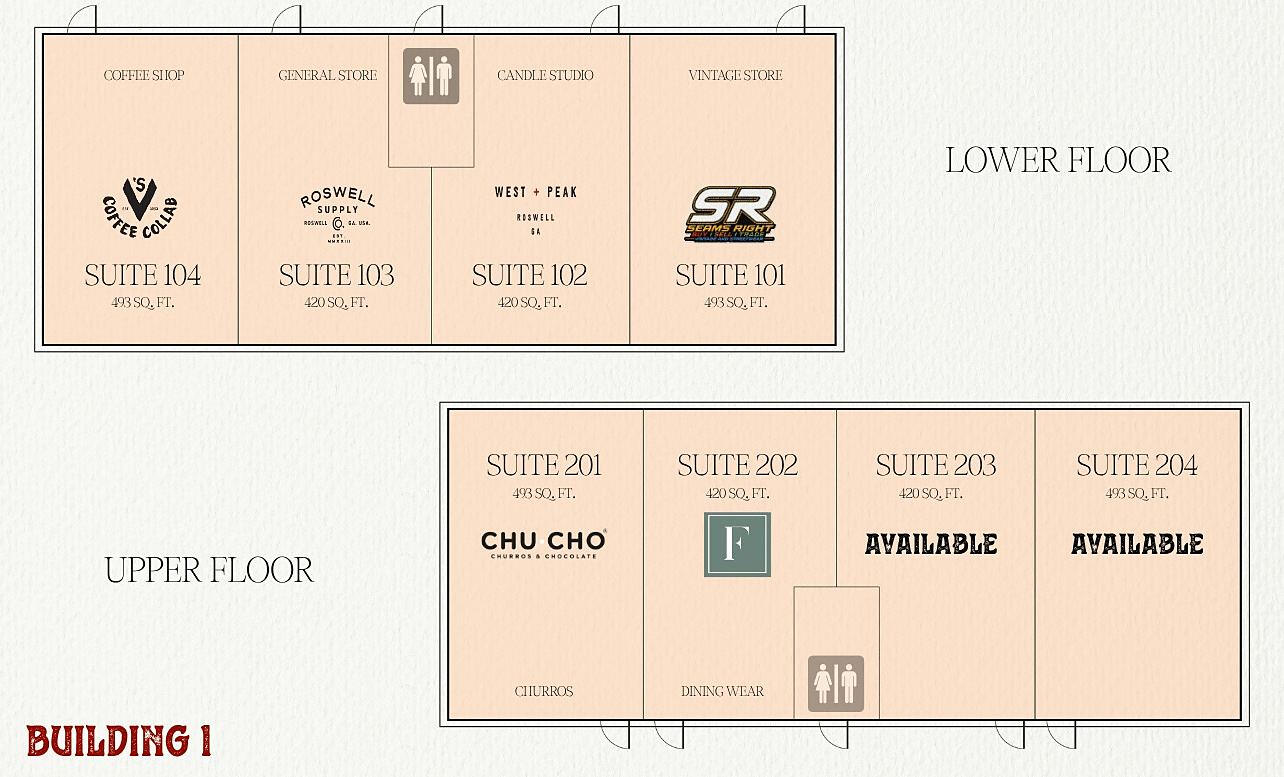 Building 1 floor plan showing lower-floor suites 101 to 104 and upper-floor suites 201 to 204, with 203 and 204 available