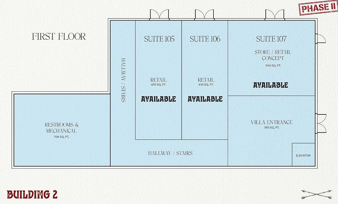 Building 2 first-floor plan showing suites 105, 106 and 107, restrooms, elevator and the Villa Entrance