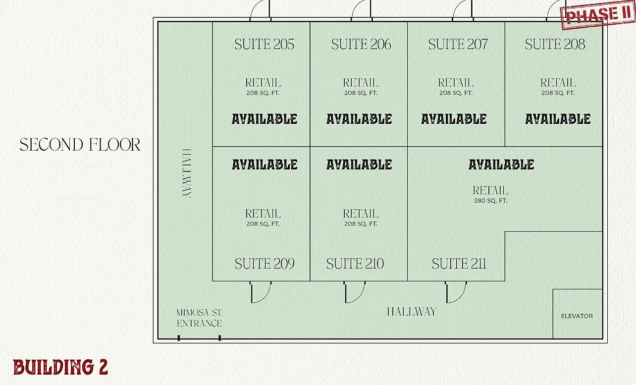 Building 2 second-floor plan showing suites 205 to 211, hallway, elevator and Mimosa St. entrance