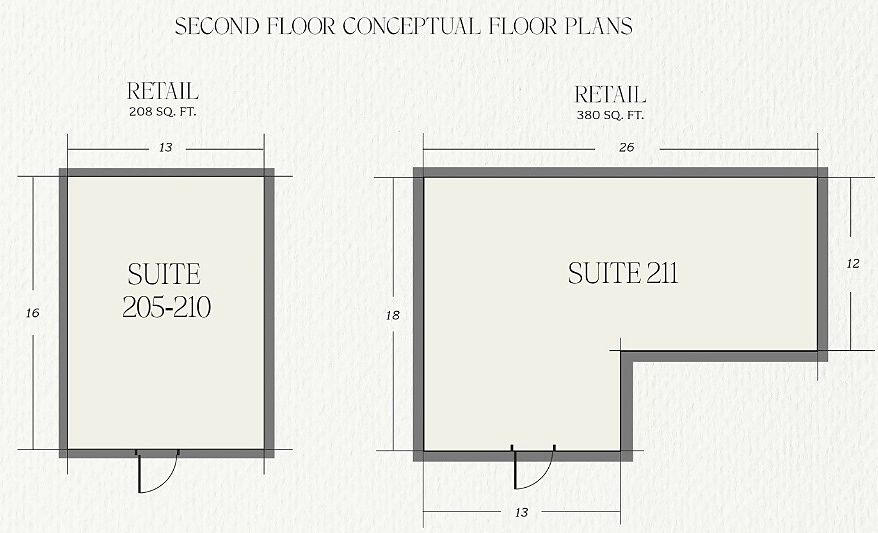 Conceptual plans: Suites 205 to 210 at 13 by 16 feet and L-shaped Suite 211