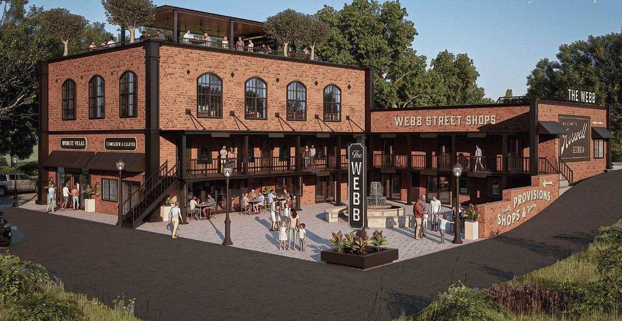 Artist rendering of The Webb Phase II: two-story brick building with a courtyard, fountain and rooftop terrace