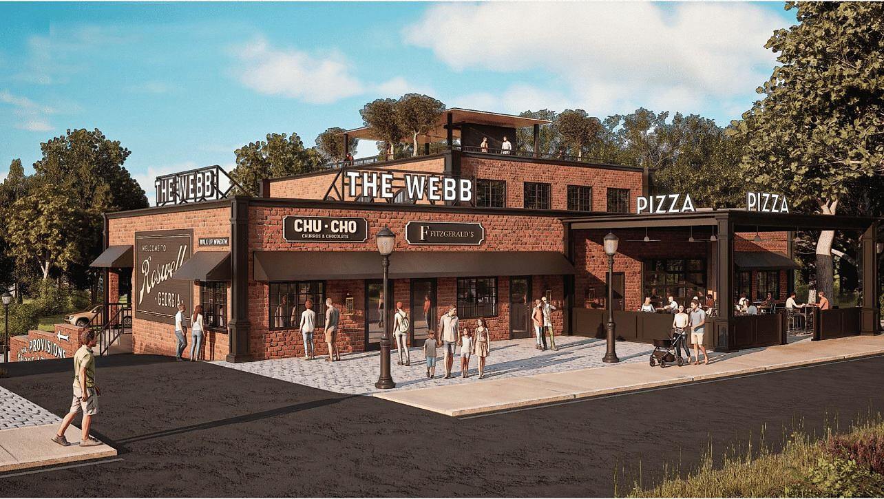 Artist rendering of the Webb Street frontage with covered patio and shopfronts