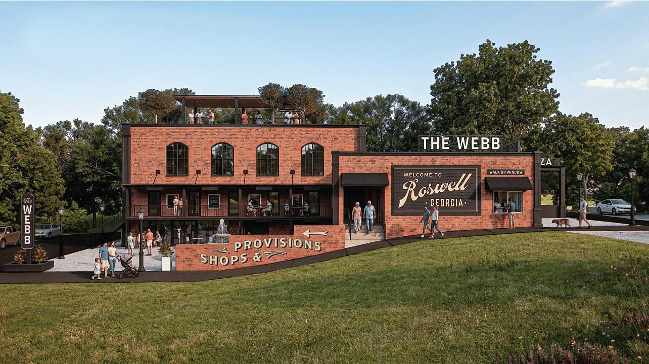 Artist rendering of Phase II from the lawn with a Welcome to Roswell mural
