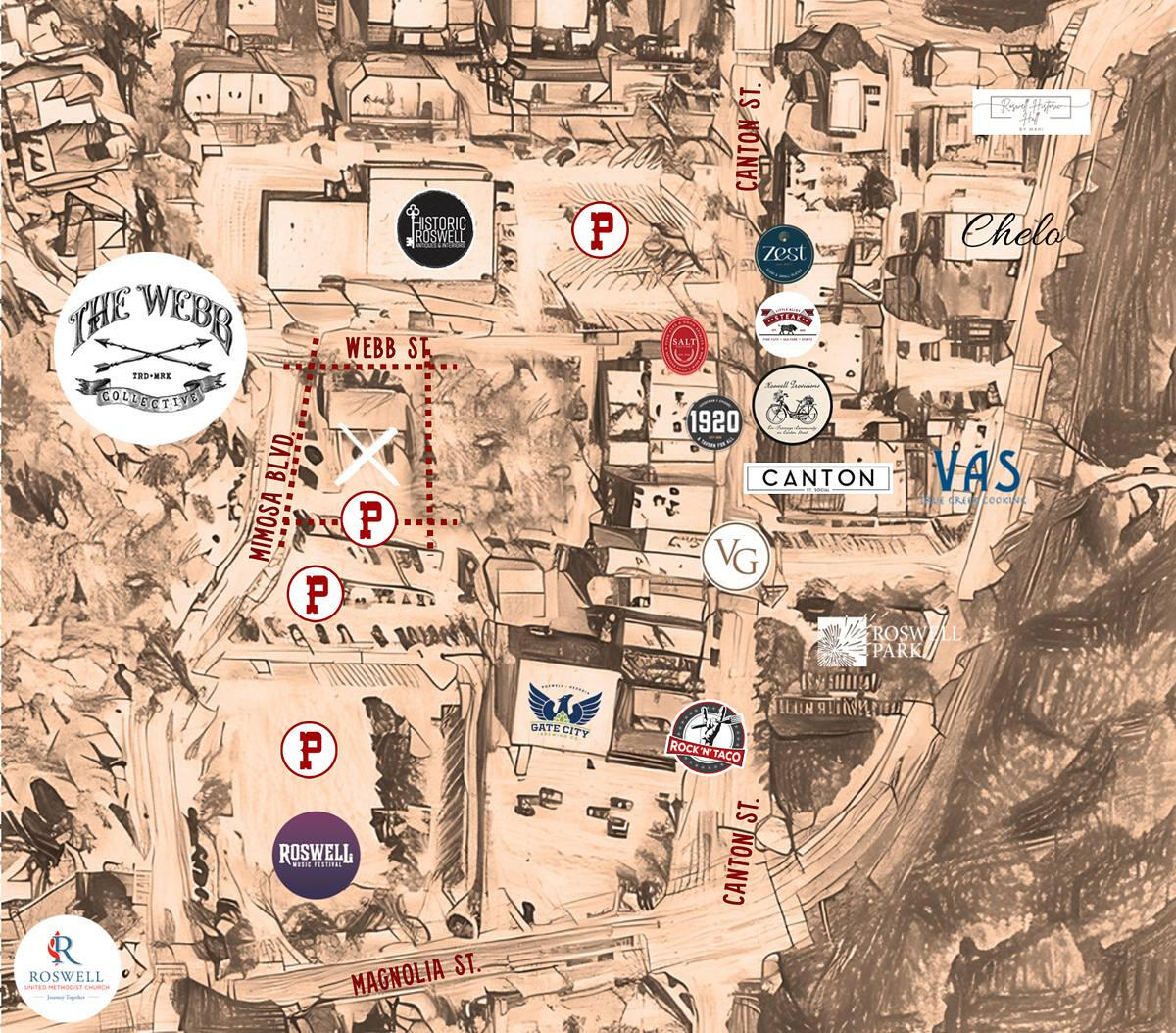 Hand-sketched map of Downtown Roswell marking The Webb Collective on Webb St. near Canton St., Mimosa Blvd and nearby parking